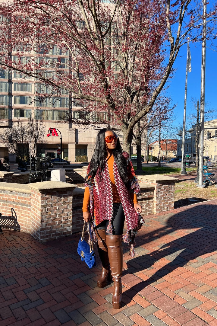 Rich Auntie Winter Open Front Poncho - Maroon Orange Green Grey Stripe Blend