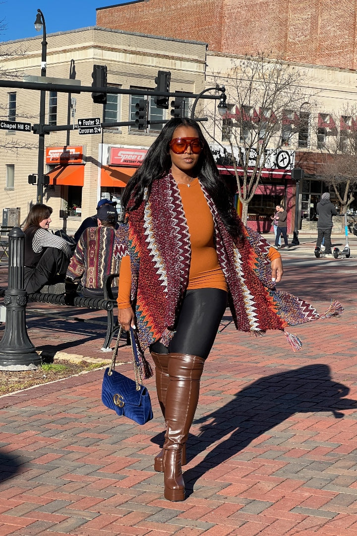 Rich Auntie Winter Open Front Poncho - Maroon Orange Green Grey Stripe Blend