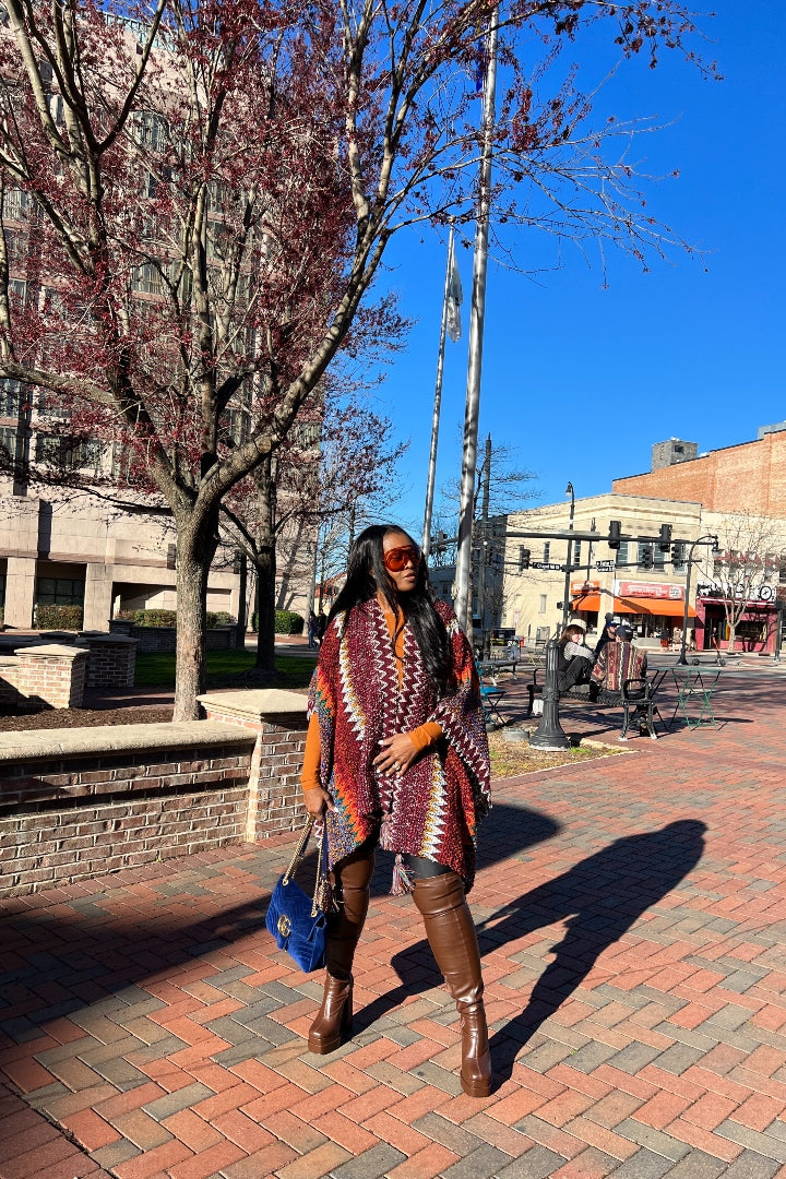 Rich Auntie Winter Open Front Poncho - Maroon Orange Green Grey Stripe Blend