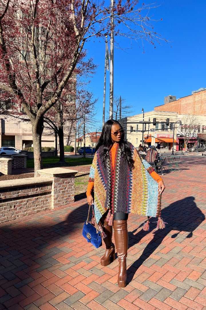 Rich Auntie Winter Open Front Poncho - Indigo Green Turquoise Olive Stripe Blend