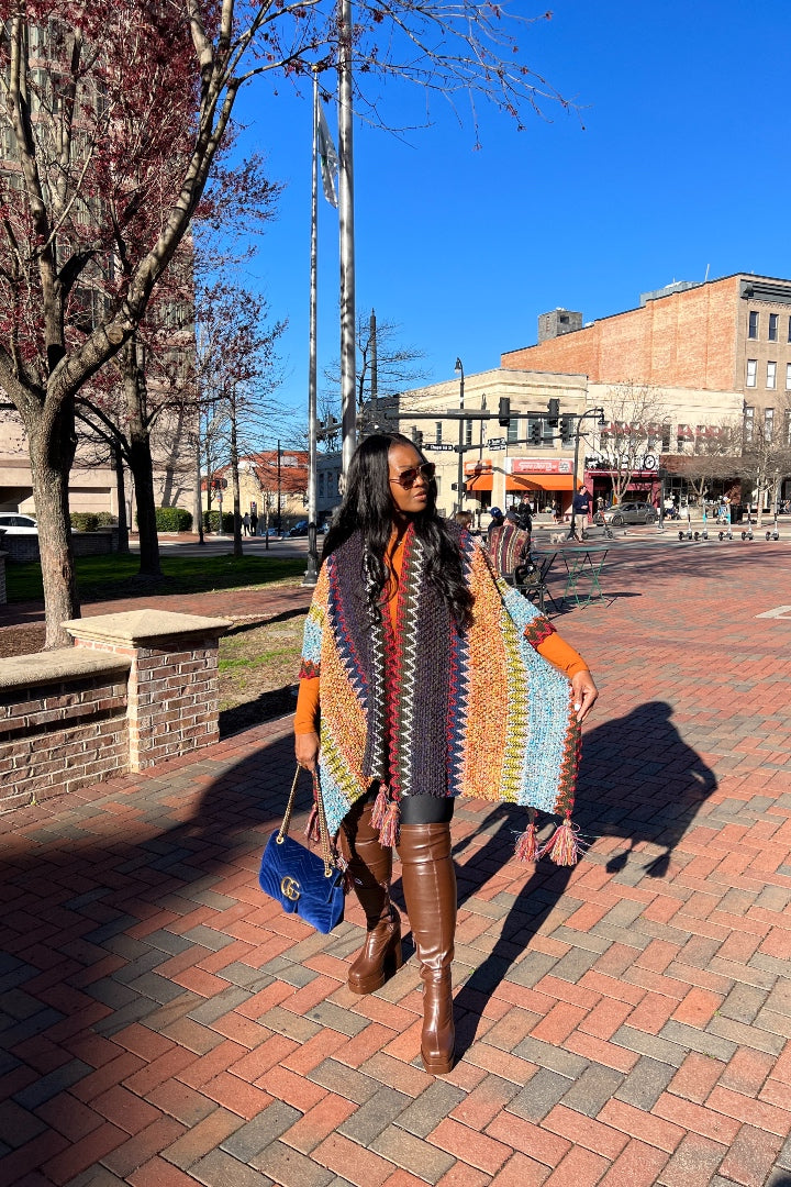 Rich Auntie Winter Open Front Poncho - Indigo Green Turquoise Olive Stripe Blend