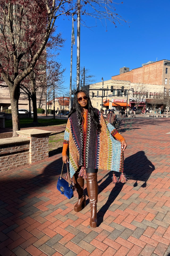 Rich Auntie Winter Open Front Poncho - Indigo Green Turquoise Olive Stripe Blend