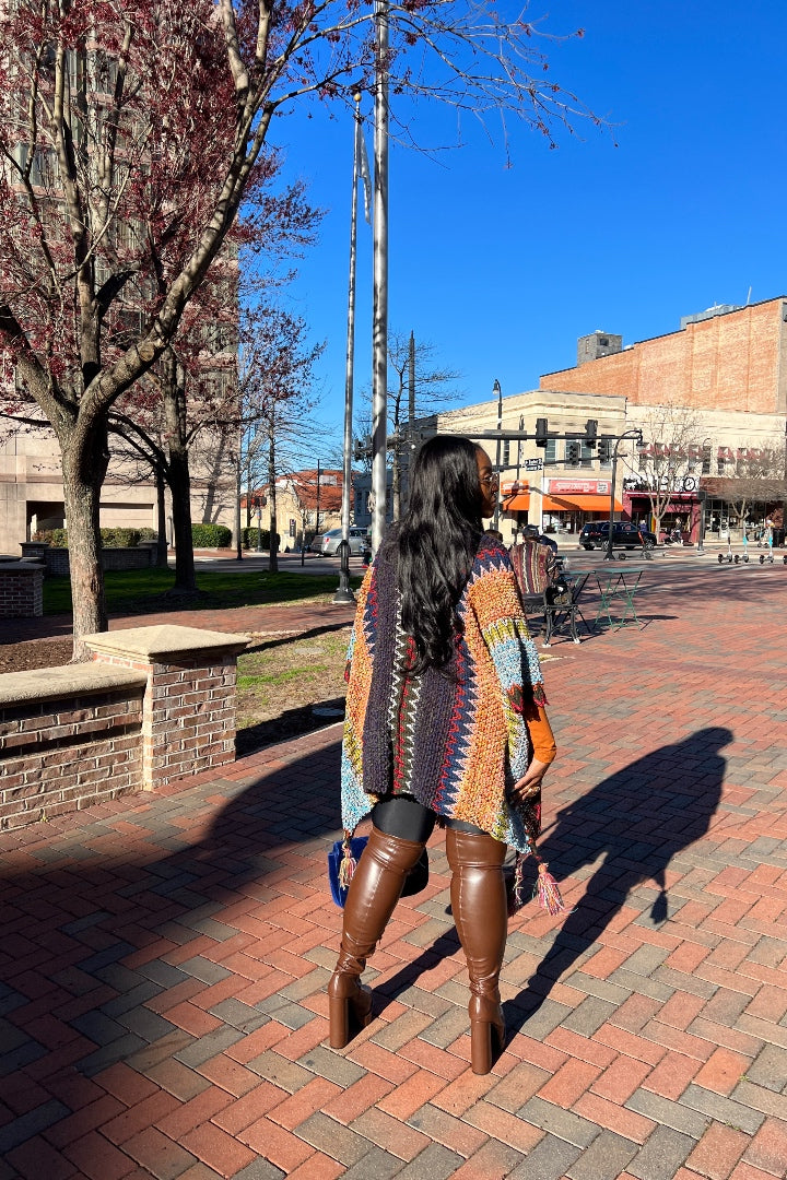 Rich Auntie Winter Open Front Poncho - Indigo Green Turquoise Olive Stripe Blend