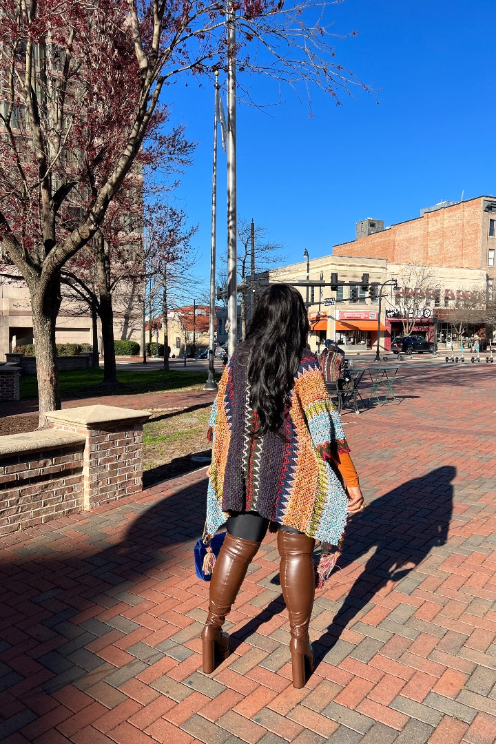 Rich Auntie Winter Open Front Poncho - Indigo Green Turquoise Olive Stripe Blend