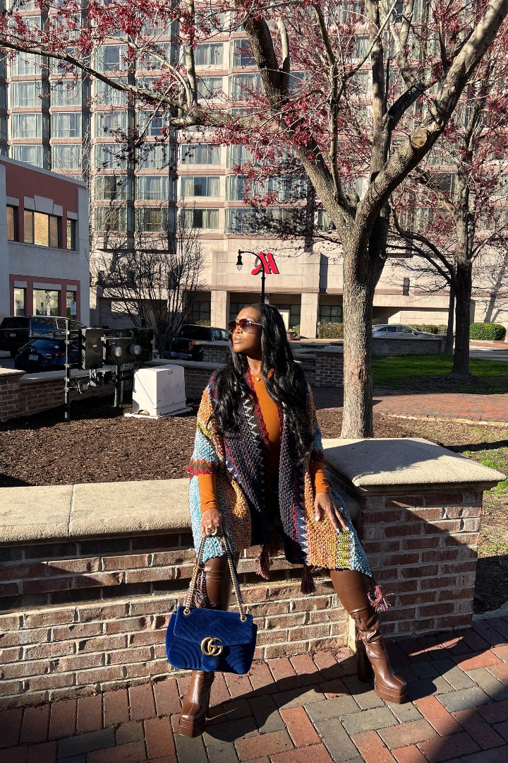 Rich Auntie Winter Open Front Poncho - Indigo Green Turquoise Olive Stripe Blend