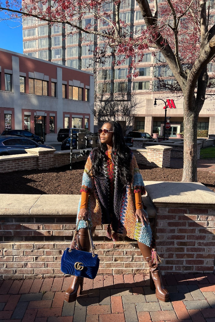 Rich Auntie Winter Open Front Poncho - Indigo Green Turquoise Olive Stripe Blend