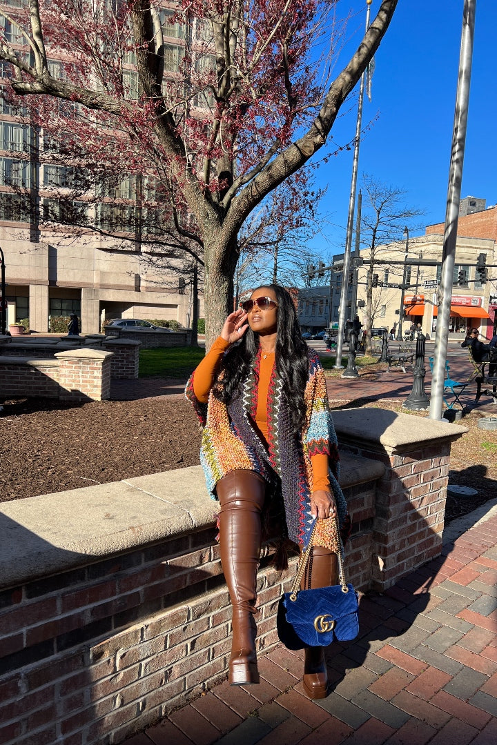 Rich Auntie Winter Open Front Poncho - Indigo Green Turquoise Olive Stripe Blend