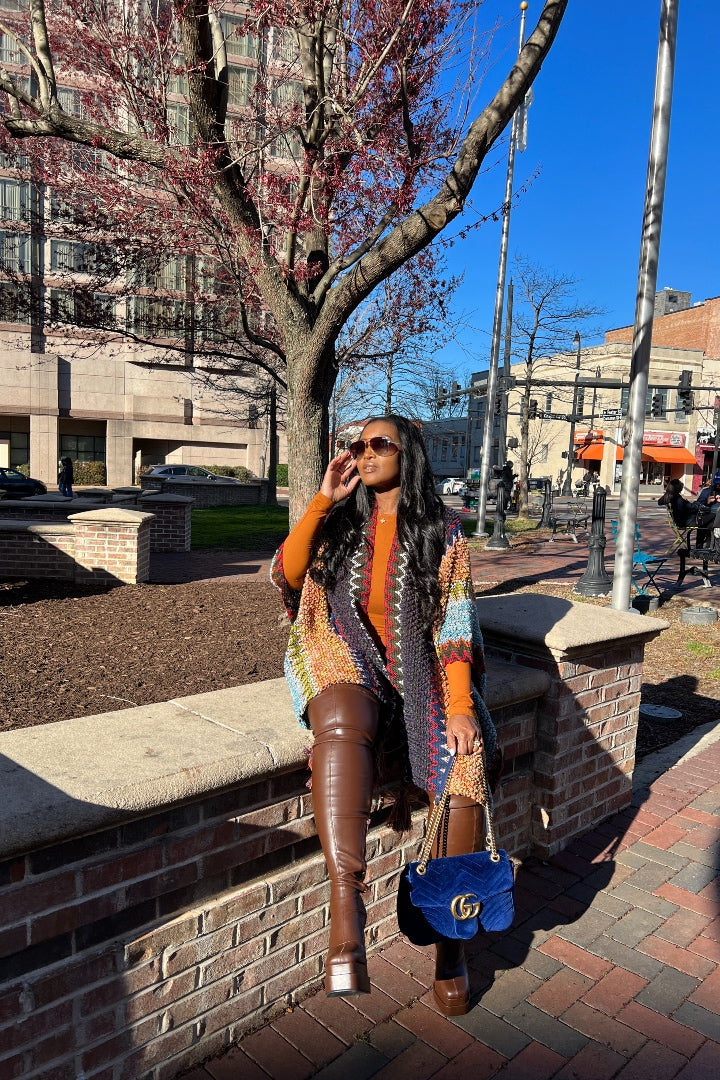 Rich Auntie Winter Open Front Poncho - Indigo Green Turquoise Olive Stripe Blend