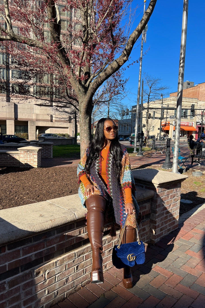 Rich Auntie Winter Open Front Poncho - Indigo Green Turquoise Olive Stripe Blend