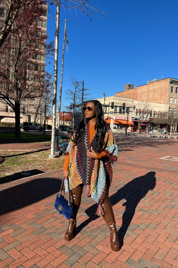 Rich Auntie Winter Open Front Poncho - Indigo Green Turquoise Olive Stripe Blend