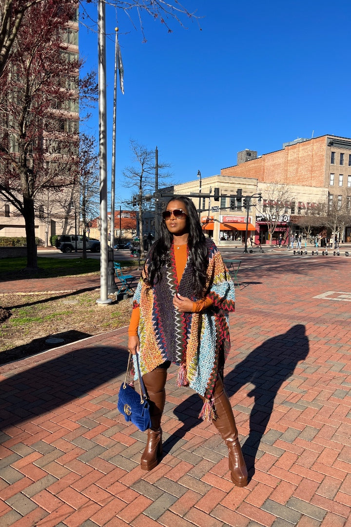 Rich Auntie Winter Open Front Poncho - Indigo Green Turquoise Olive Stripe Blend