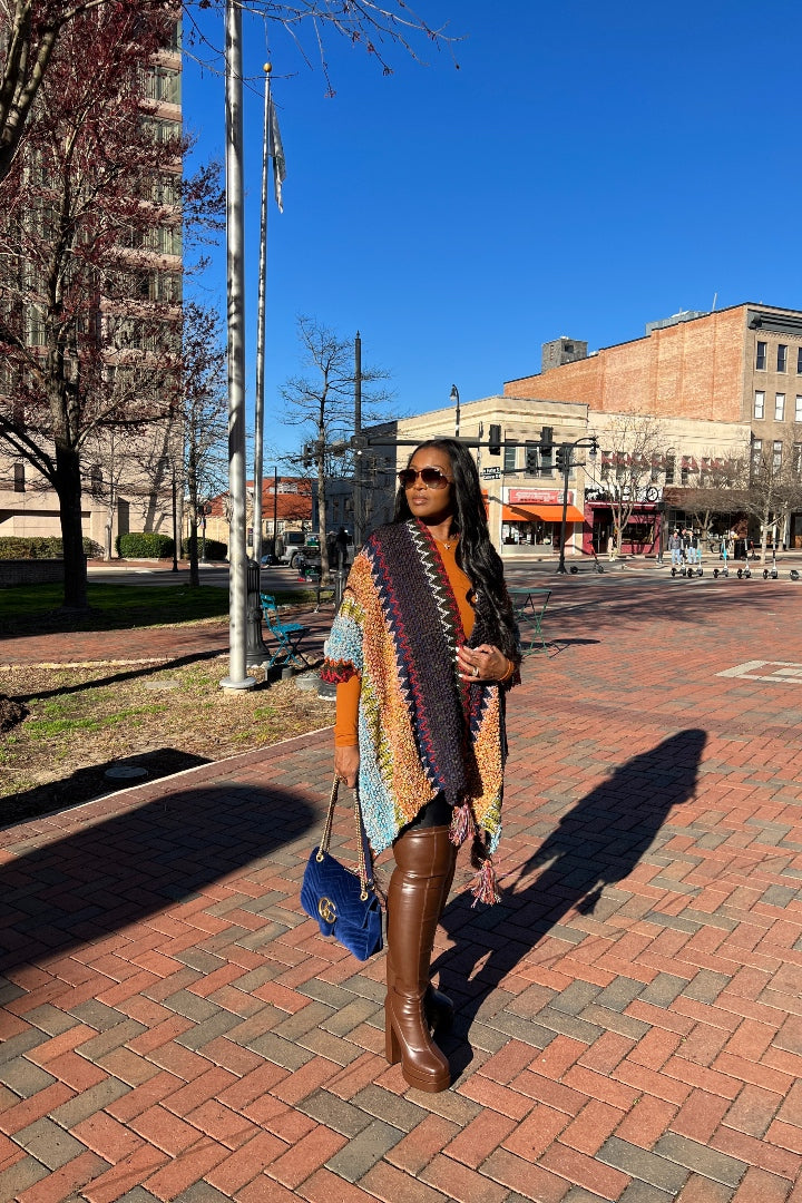 Rich Auntie Winter Open Front Poncho - Indigo Green Turquoise Olive Stripe Blend