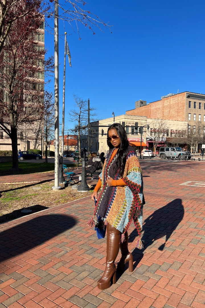 Rich Auntie Winter Open Front Poncho - Indigo Green Turquoise Olive Stripe Blend