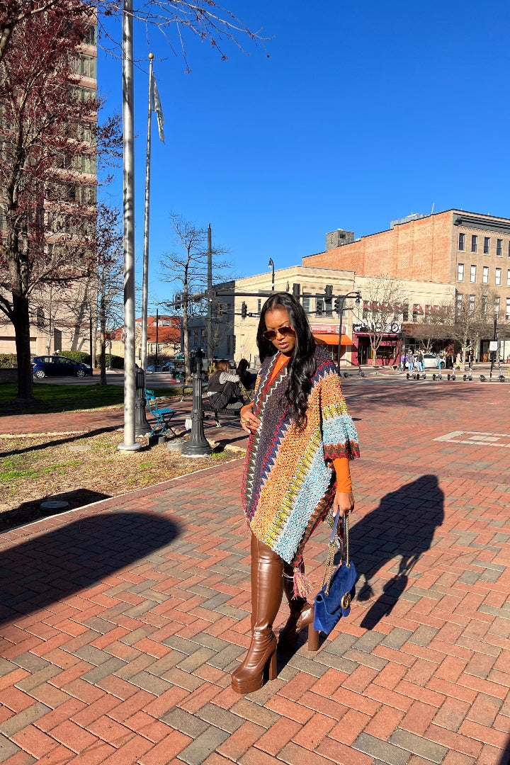 Rich Auntie Winter Open Front Poncho - Indigo Green Turquoise Olive Stripe Blend