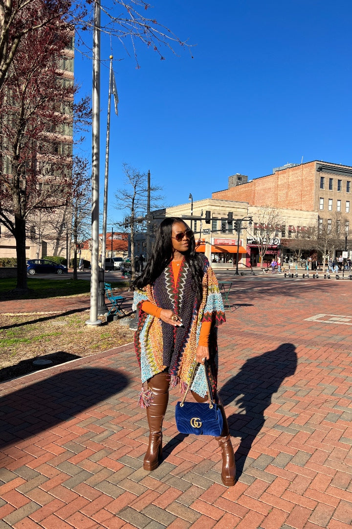 Rich Auntie Winter Open Front Poncho - Indigo Green Turquoise Olive Stripe Blend