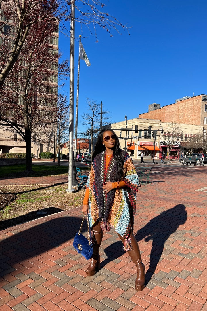 Rich Auntie Winter Open Front Poncho - Indigo Green Turquoise Olive Stripe Blend