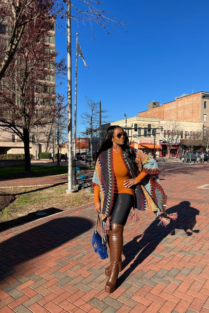 Rich Auntie Winter Open Front Poncho - Indigo Green Turquoise Olive Stripe Blend
