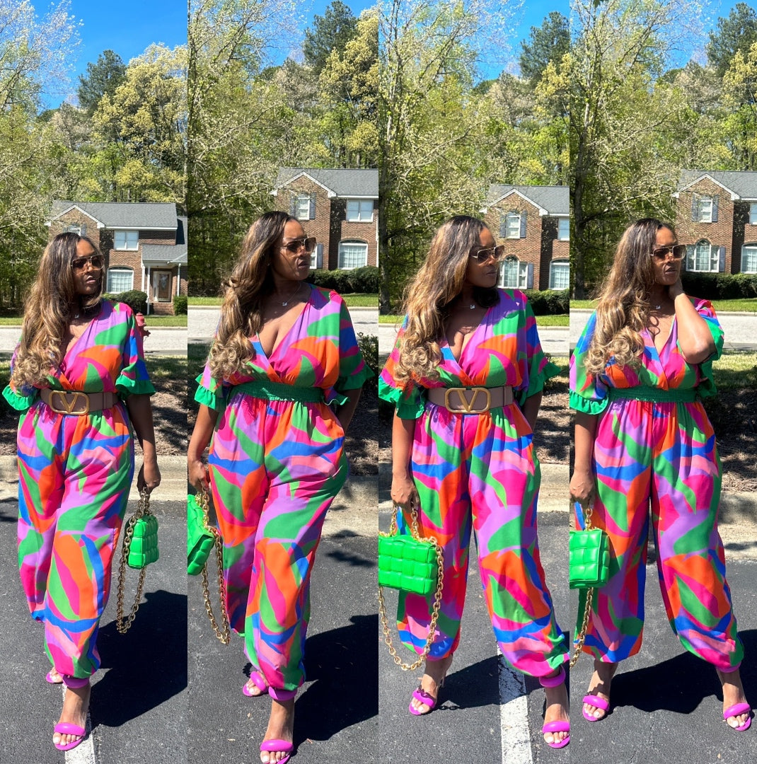 Savannah Multicolor Jumpsuit - Fuchsia Blue Green Blend