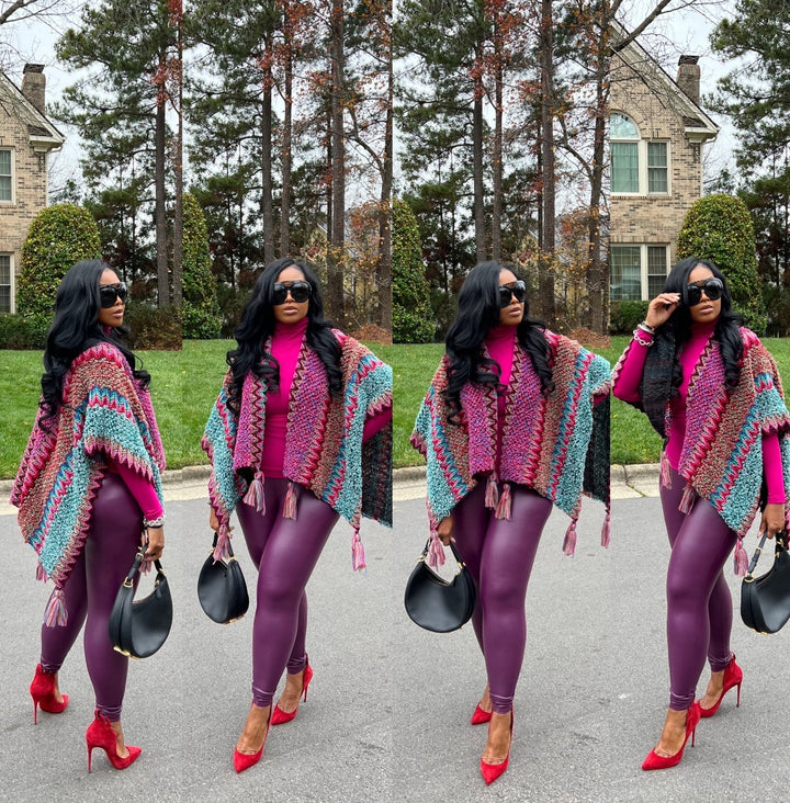 Rich Auntie Winter Open Front Poncho - Eggplant Turquoise Tan Blend