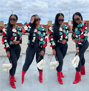 RESTOCKED Fashion Floral Sweater Bomber Jacket - Teal and Red Blend Ships 12/19