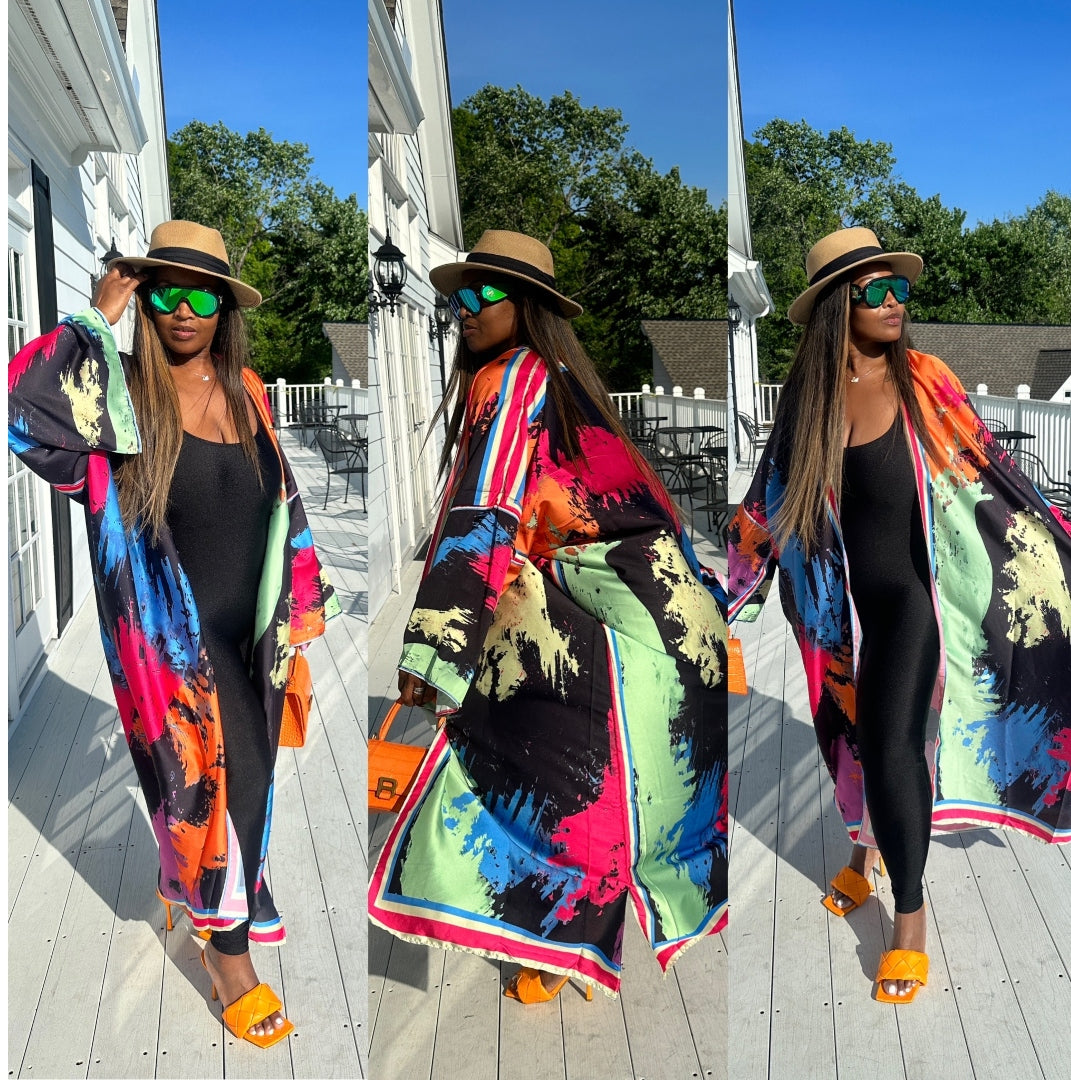 Paint Splatter Satin Open Front Kimono Long Kimono - Multicolor