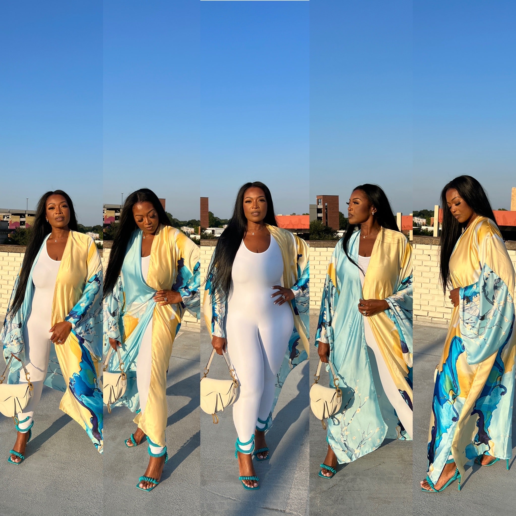 Turks and Caicos Open Front Kimono Long Kimono - Baby Blue and Banana Blend