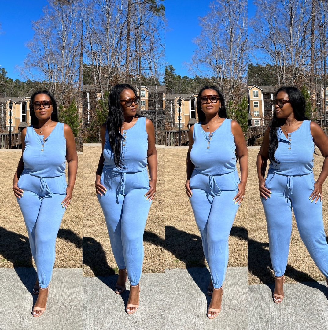 Casual Slay Button Front Jogger Jumpsuit -Spring Blue