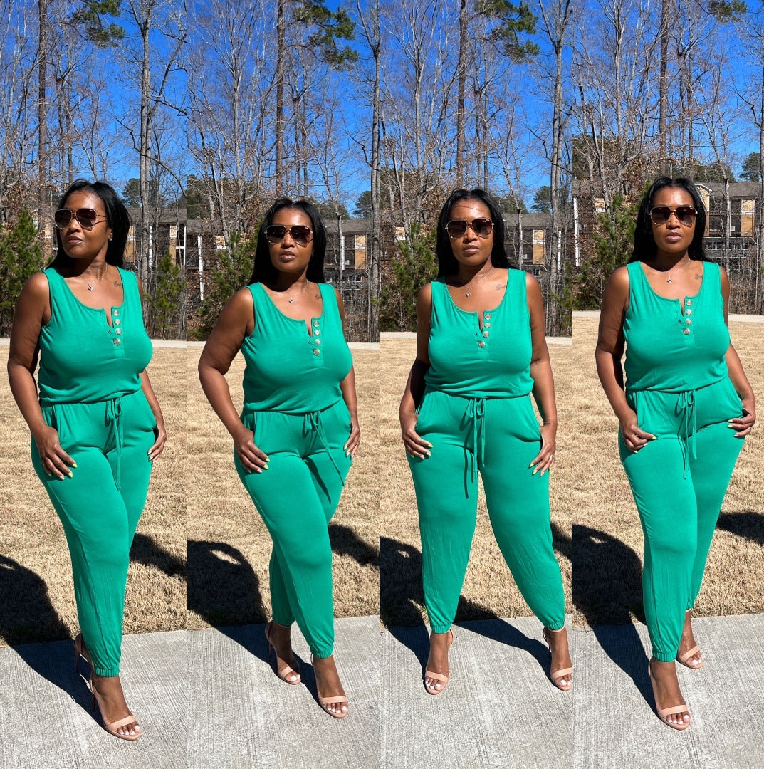 Casual Slay Button Front Jogger Jumpsuit -Kelly Green