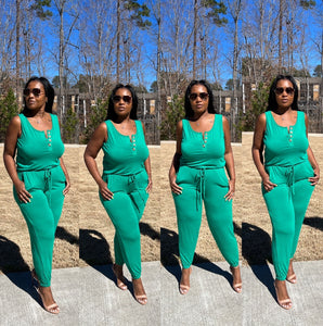 Casual Slay Button Front Jogger Jumpsuit -Kelly Green