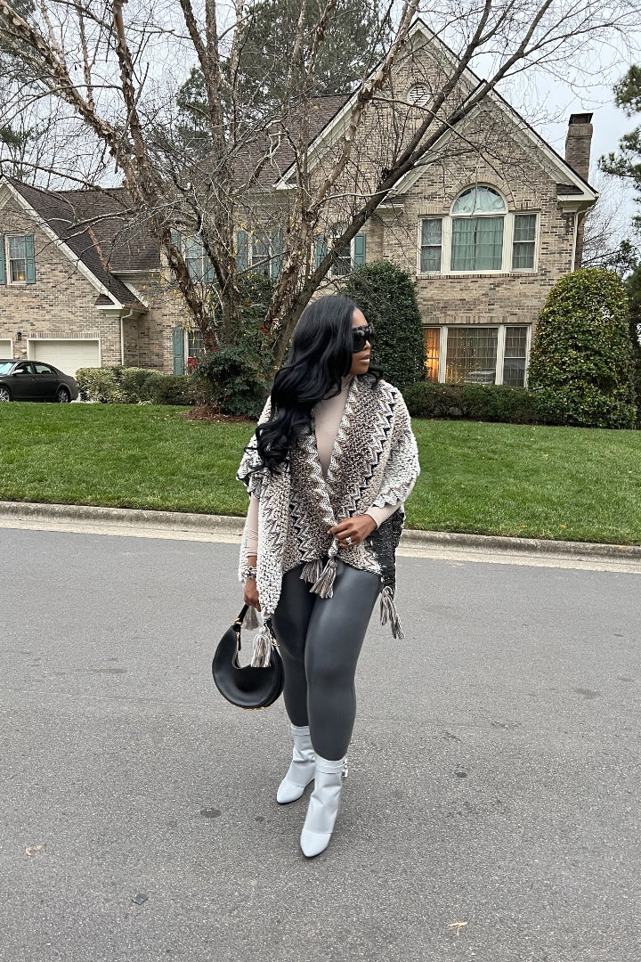 RESTOCKED Rich Auntie Winter Open Front Poncho - Grey Taupe Black Tan Blend