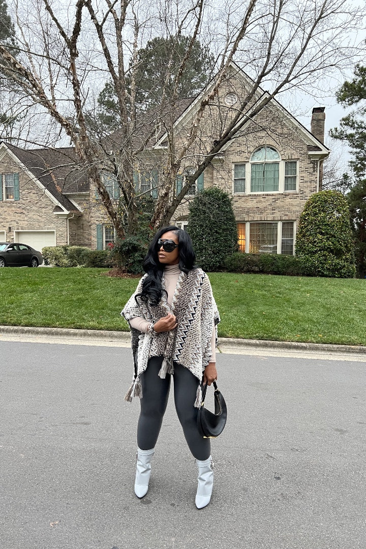 RESTOCKED Rich Auntie Winter Open Front Poncho - Grey Taupe Black Tan Blend