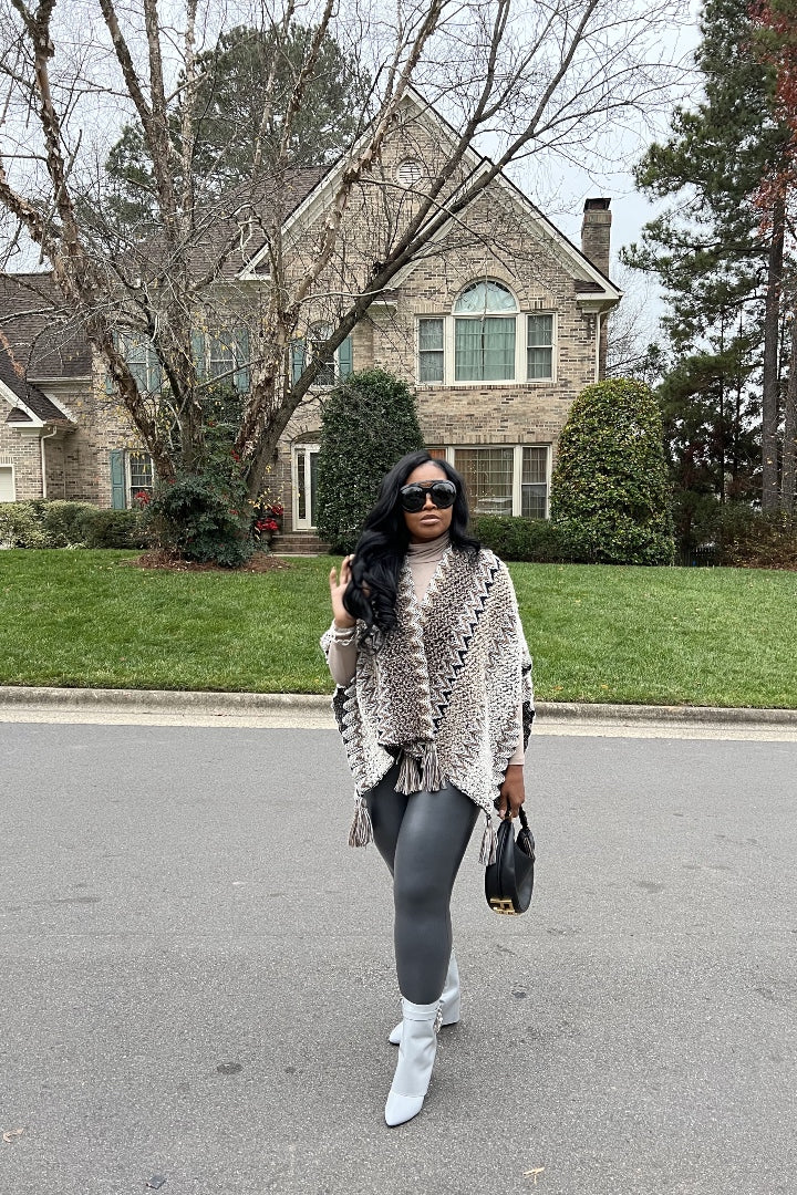 RESTOCKED Rich Auntie Winter Open Front Poncho - Grey Taupe Black Tan Blend