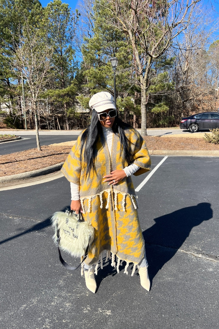 Restocked Rich Auntie Winter Open Front Long Kimono - Yellow and Grey Houndstooth Blend