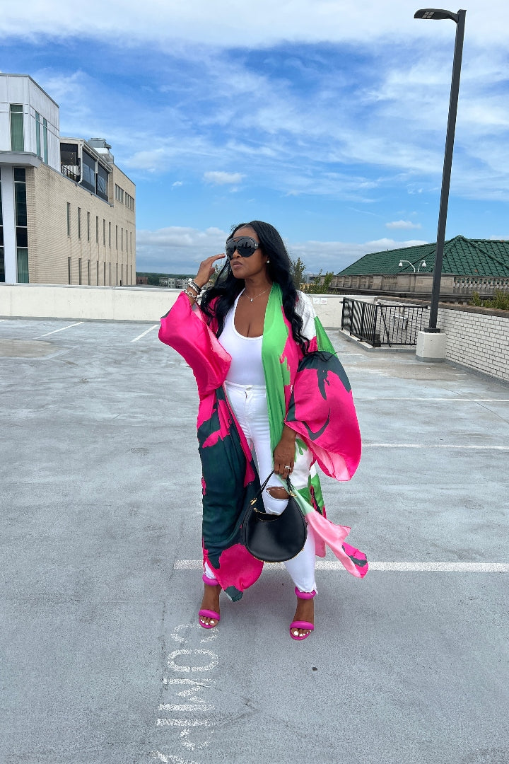 RESTOCKED Osaka Satin Open Front Long Kimono - Pink Green and