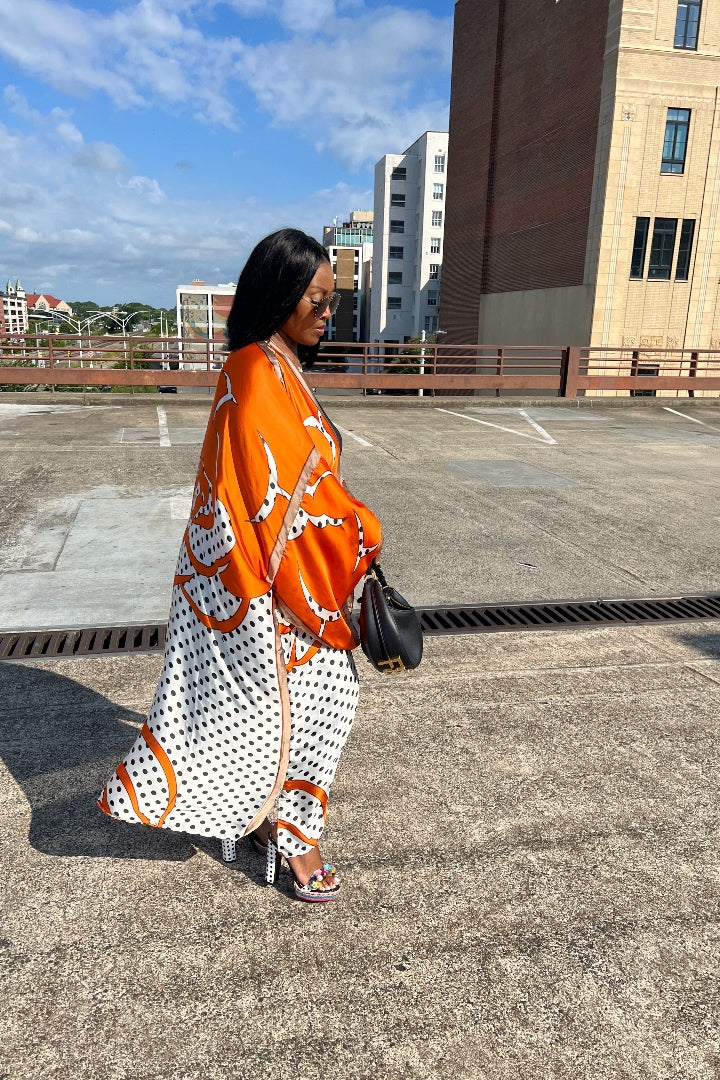 Bangkok Satin Open Front Long Kimono - Vivid Orange and Polka Dot Blend 7/31