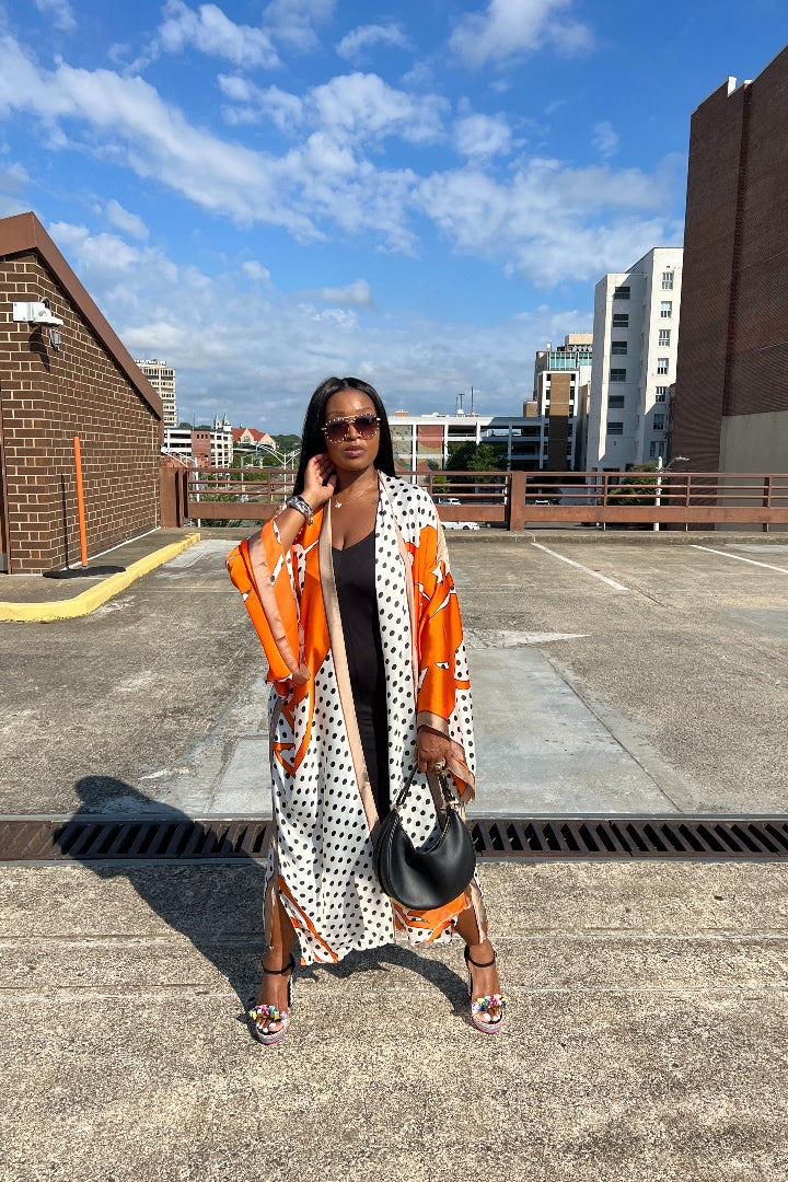 Bangkok Satin Open Front Long Kimono - Vivid Orange and Polka Dot