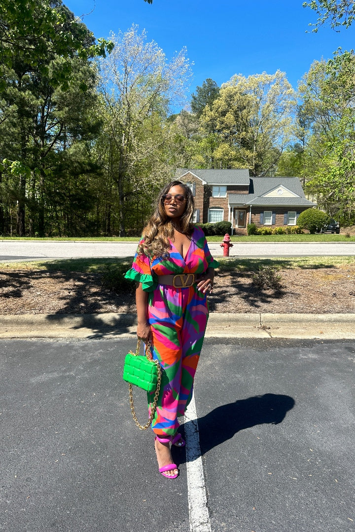Savannah Multicolor Jumpsuit - Fuchsia Blue Green Blend