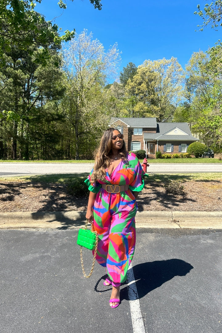 Savannah Multicolor Jumpsuit - Fuchsia Blue Green Blend
