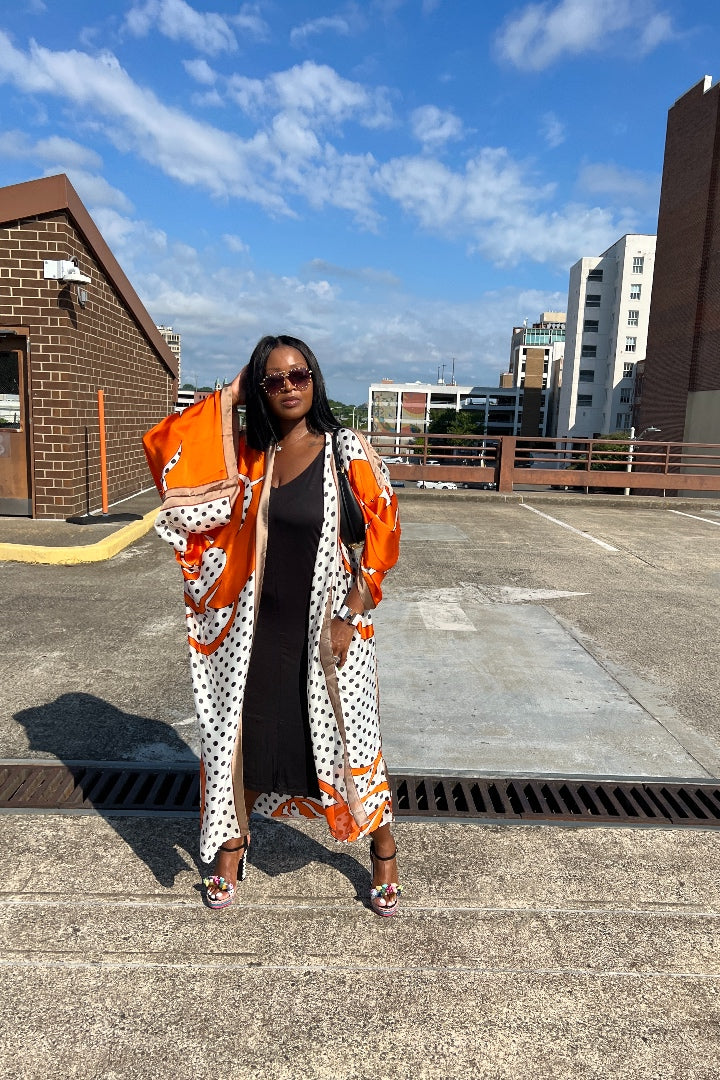 Bangkok Satin Open Front Long Kimono - Vivid Orange and Polka Dot