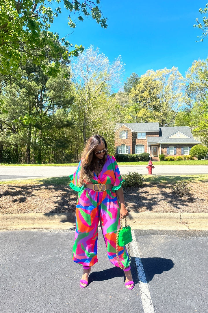 Savannah Multicolor Jumpsuit - Fuchsia Blue Green Blend