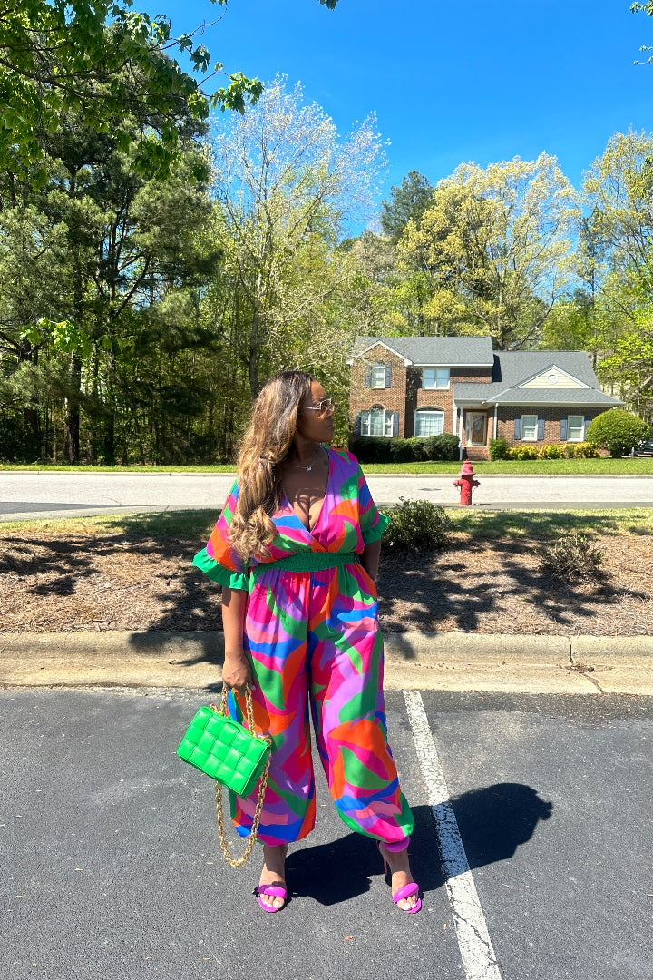 Savannah Multicolor Jumpsuit - Fuchsia Blue Green Blend