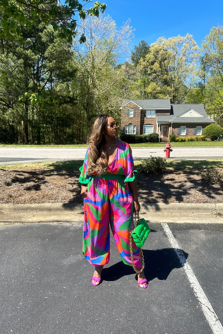 Savannah Multicolor Jumpsuit - Fuchsia Blue Green Blend