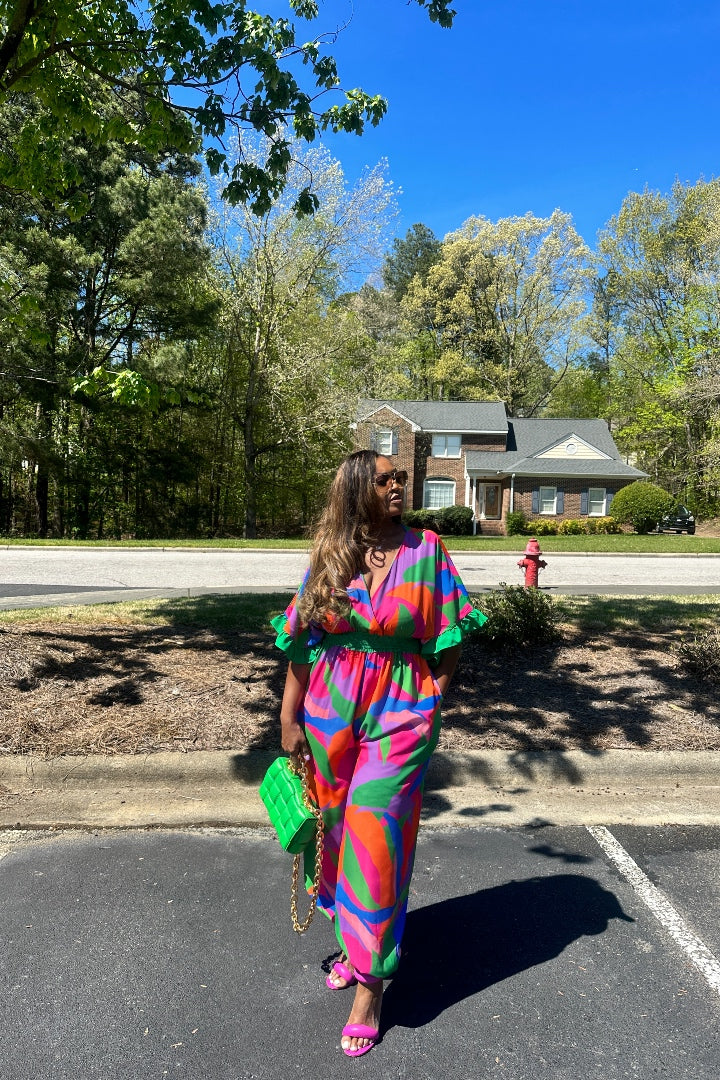 Savannah Multicolor Jumpsuit - Fuchsia Blue Green Blend