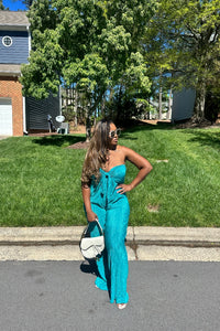 Paradise Pleated Knotted Front Strapless Jumpsuit - Turquoise