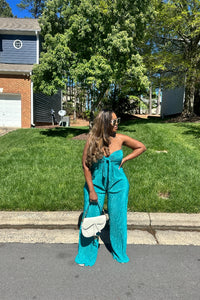 Paradise Pleated Knotted Front Strapless Jumpsuit - Turquoise