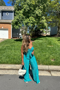 Paradise Pleated Knotted Front Strapless Jumpsuit - Turquoise