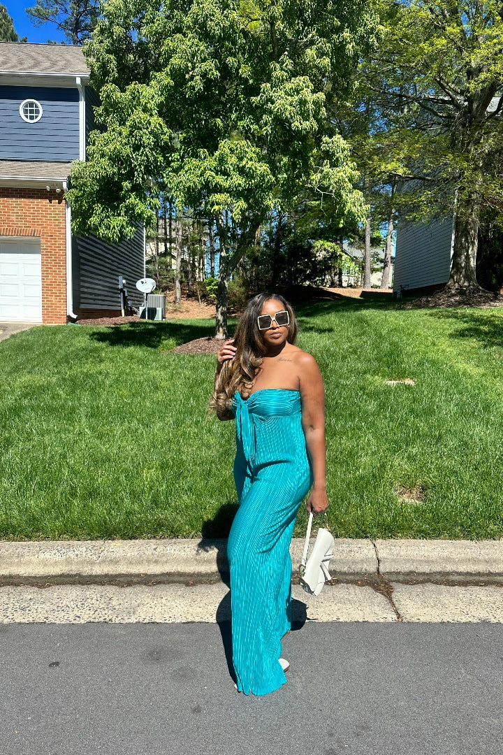 Paradise Pleated Knotted Front Strapless Jumpsuit - Turquoise