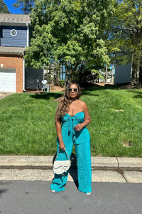 Paradise Pleated Knotted Front Strapless Jumpsuit - Turquoise