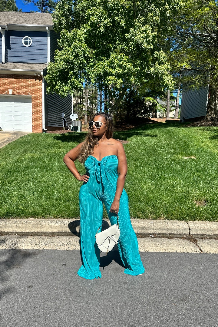 Paradise Pleated Knotted Front Strapless Jumpsuit - Turquoise