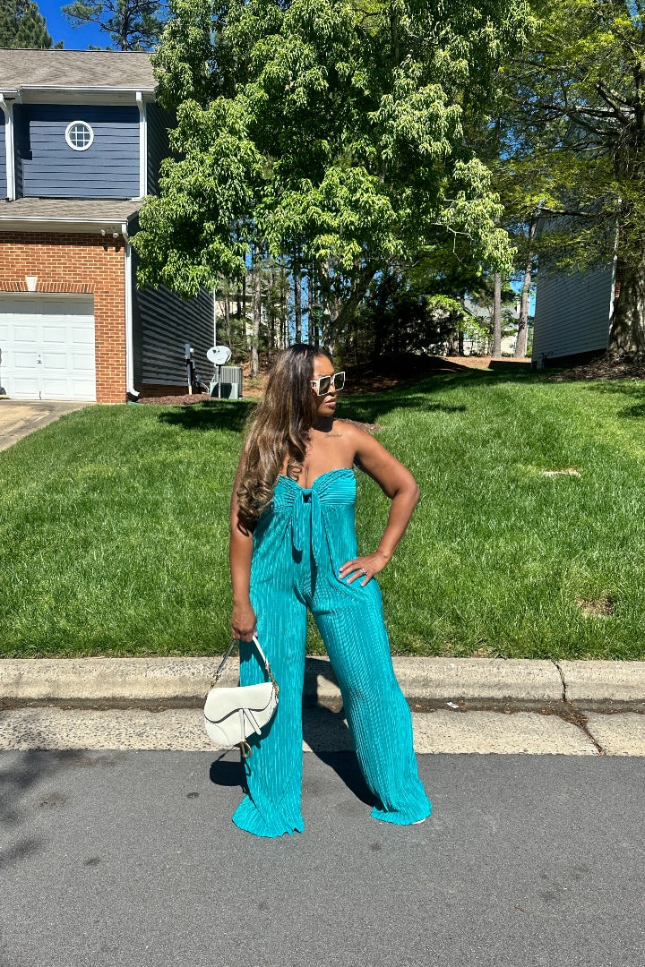 Paradise Pleated Knotted Front Strapless Jumpsuit - Turquoise